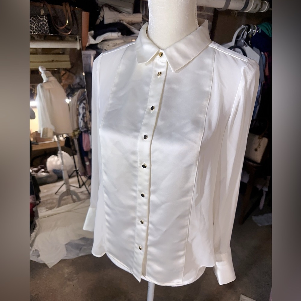 Calvin Klein silky white shirt gold buttons long sleeves